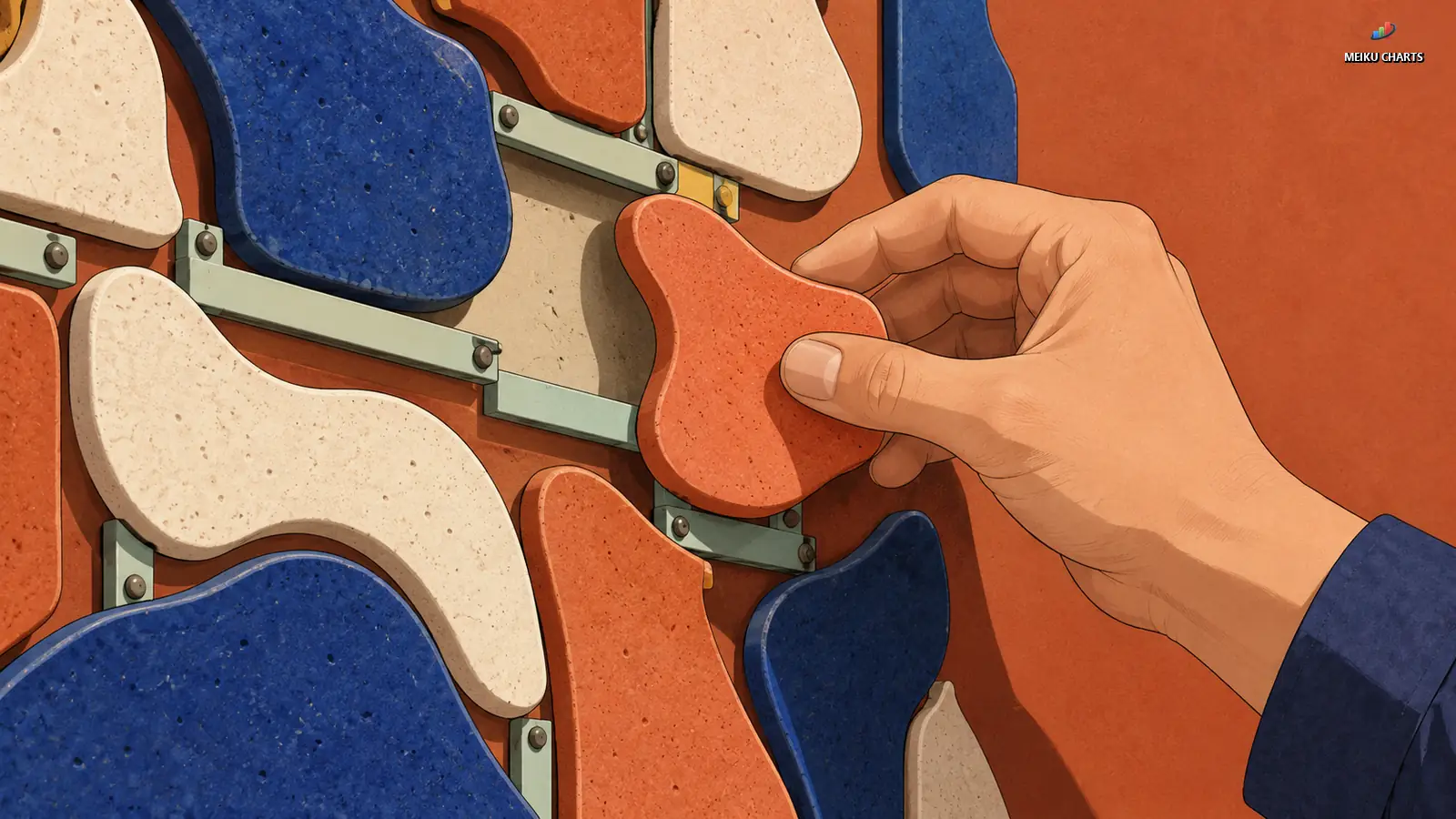 A hand adjusting one piece in a paper construction while the surrounding pieces stay in place