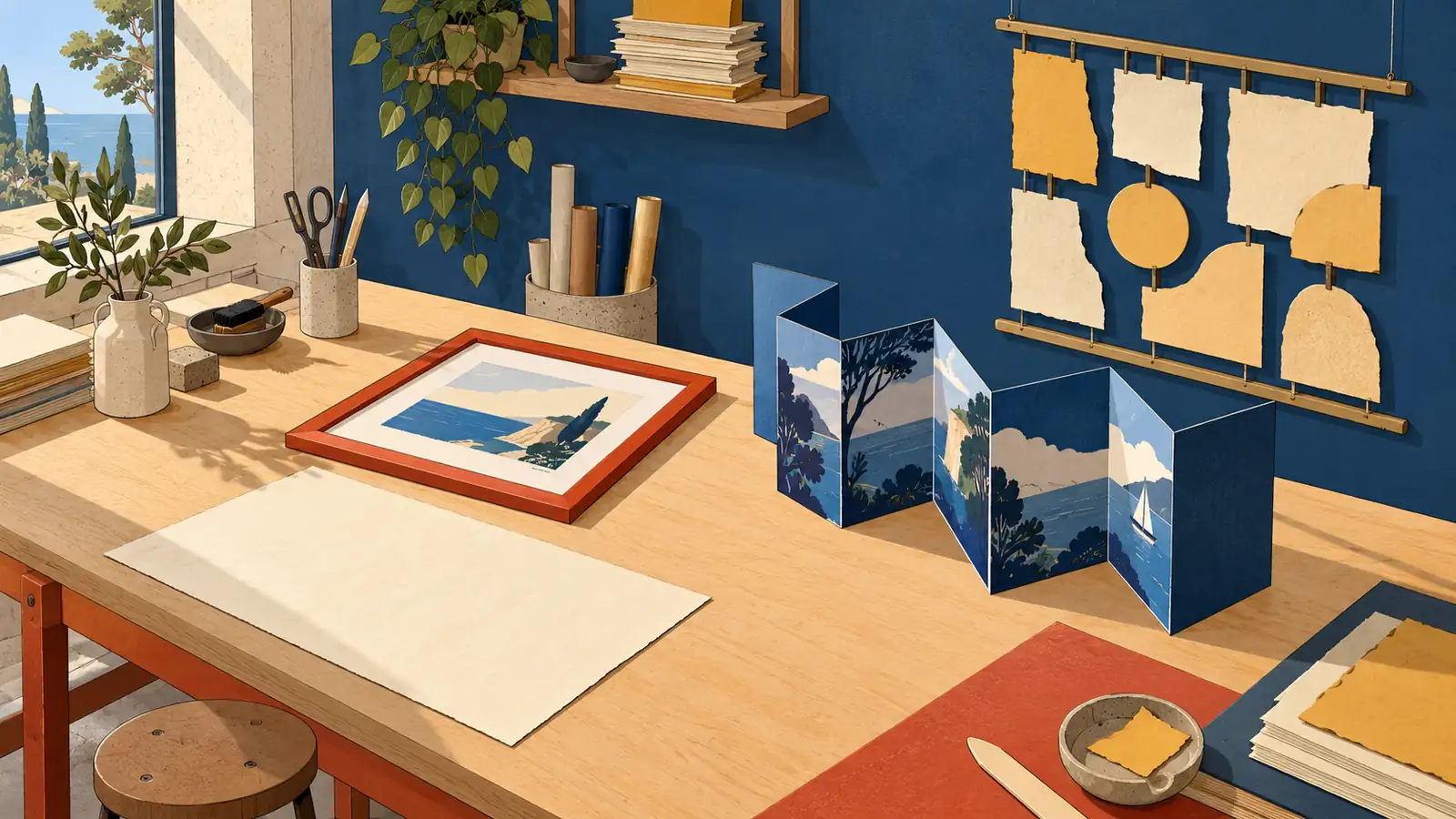 Datawrapper alternatives shown through a publishing workshop with a framed print, folded story and hanging paper shapes