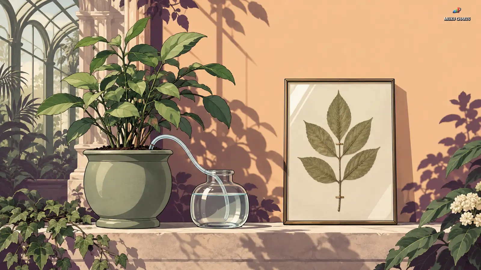 A plant receiving water beside a separate pressed leaf, illustrating a maintained source and a fixed snapshot