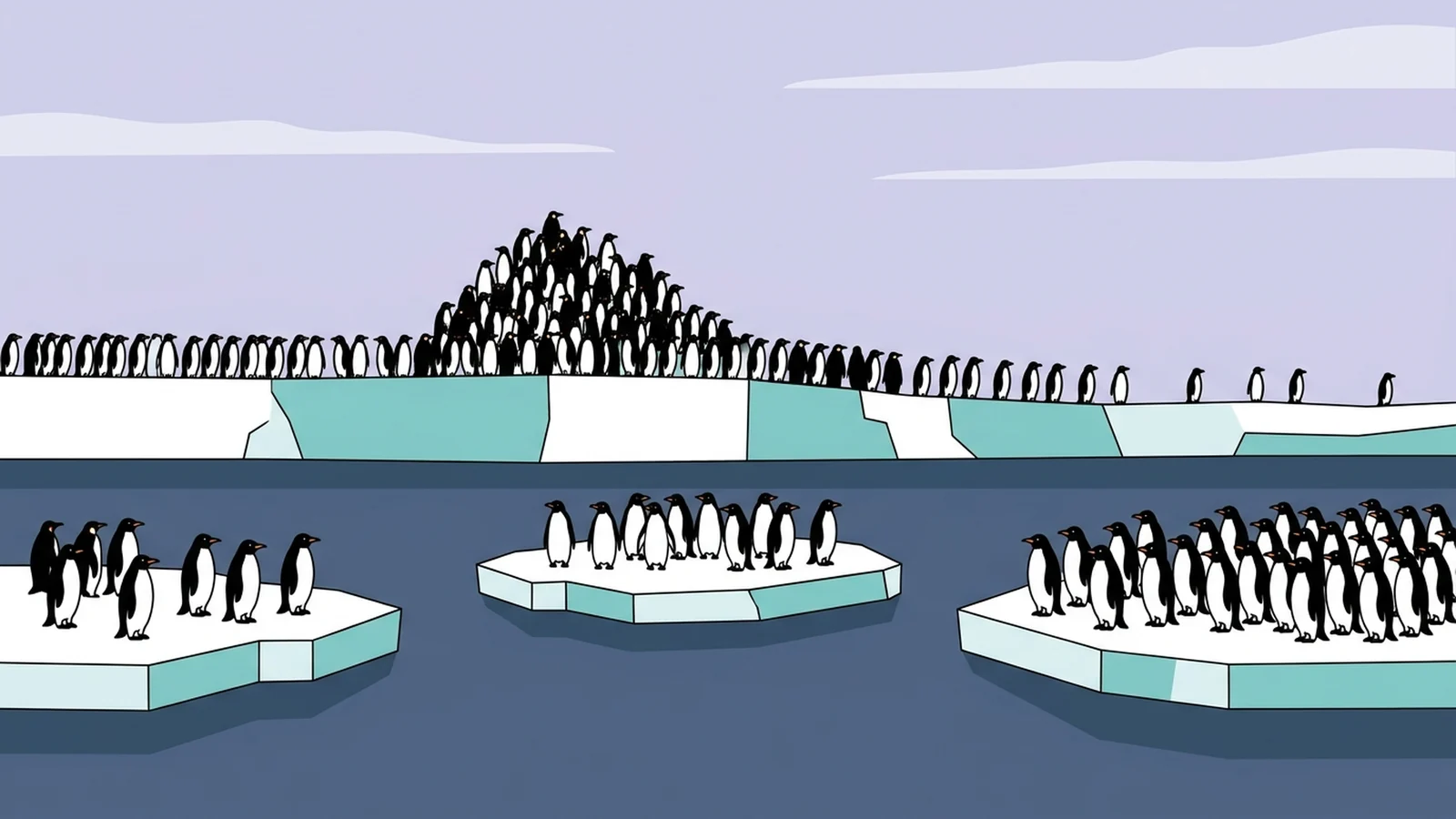 Histogram vs bar graph shown with penguins, three separate groups on ice floes in front of one continuous line of penguins along an ice shelf