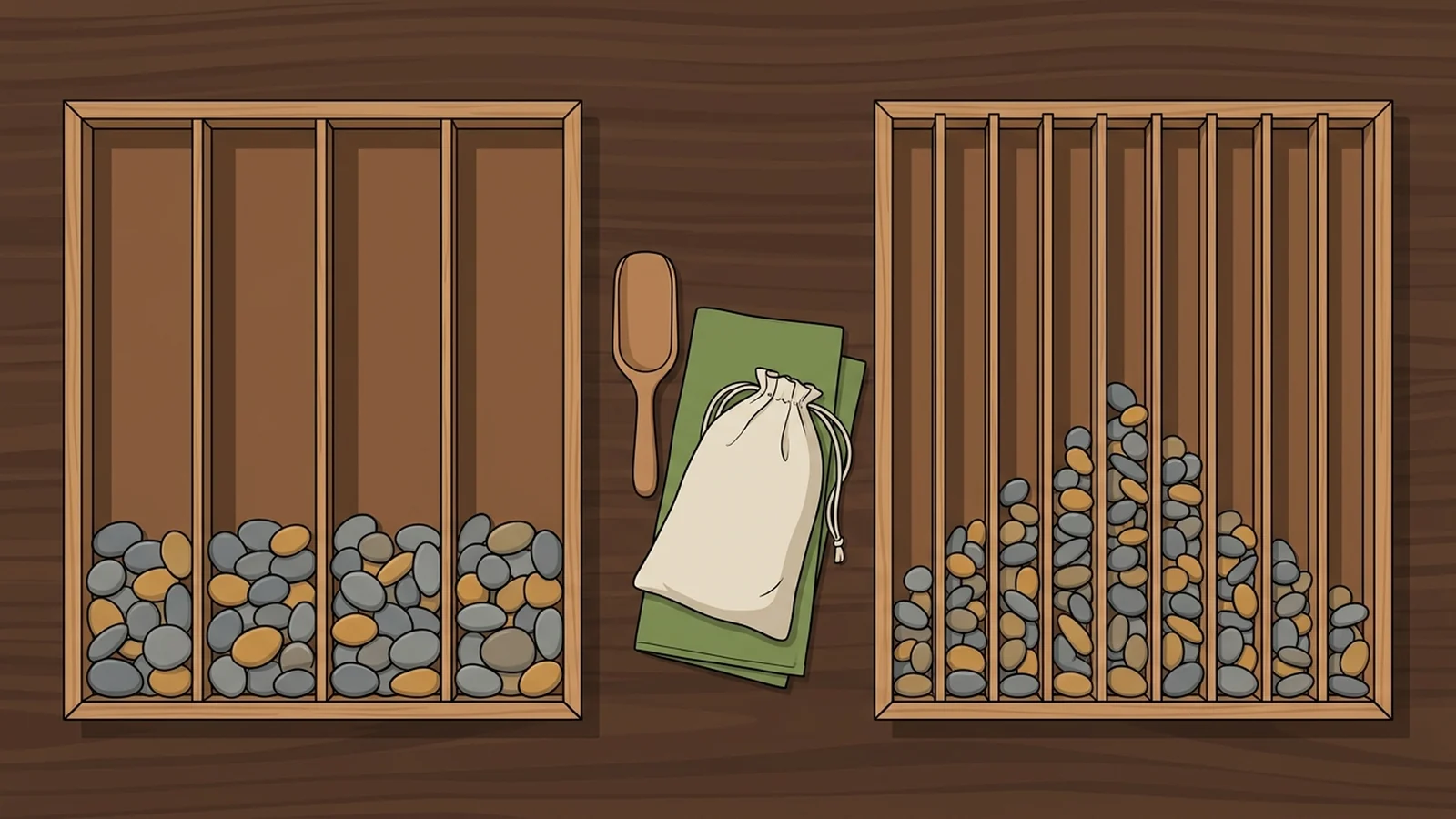 The same pebbles sorted into a tray with a few wide compartments and a tray with many narrow ones, a metaphor for histogram bin width