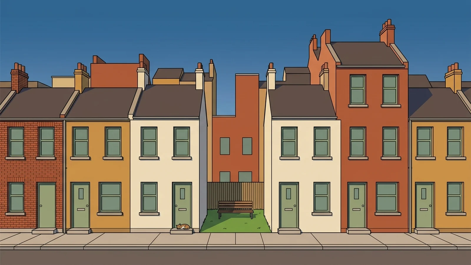 A terraced street with houses of different heights standing wall to wall and one empty plot, a metaphor for touching histogram bars and an empty bin