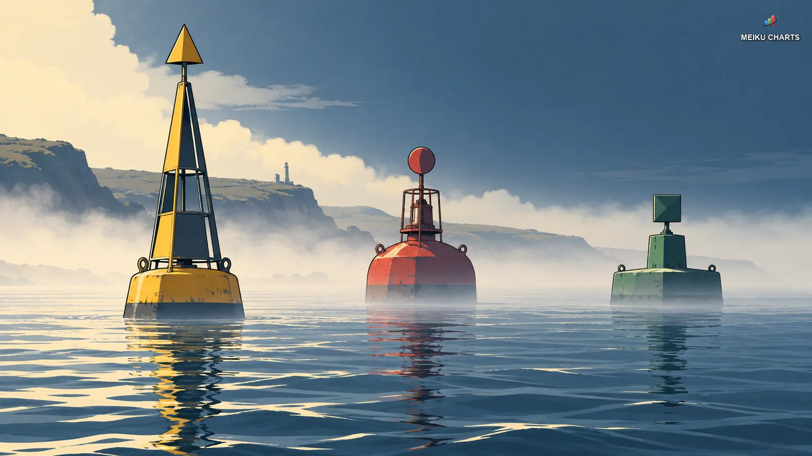 Metaphor for cues beyond color: coastal navigation markers have distinct silhouettes in sea mist