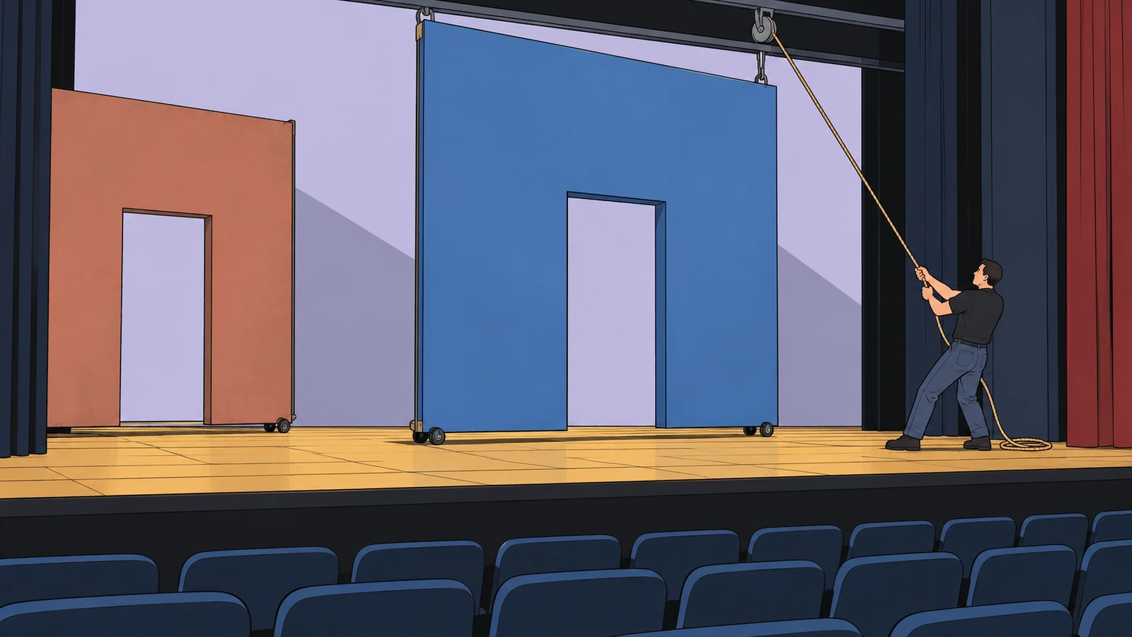 A stagehand moving a new scenery panel into view with a rope, a metaphor for manually updating the chart shown in a report