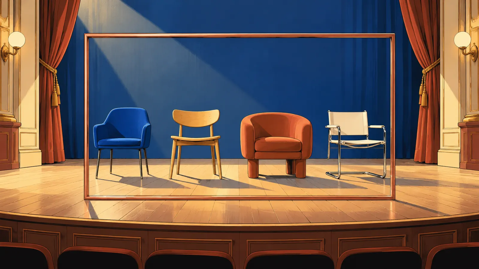 Comparison chart metaphor: four different chairs assessed against the same physical frame