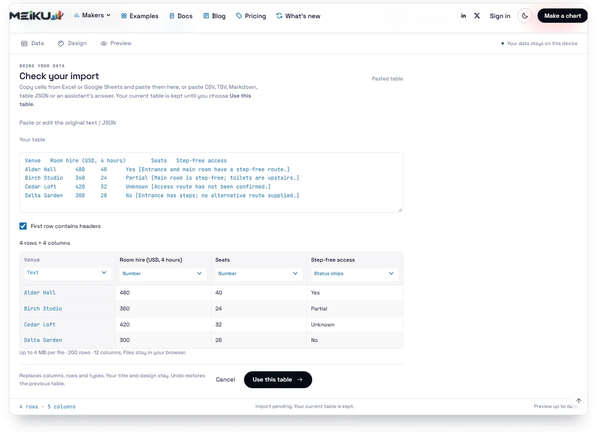 Real English Table Studio import preview with four venues, numeric columns and access statuses