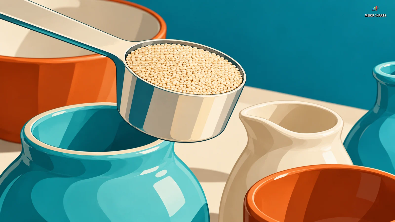 Metaphor for a common measurement basis: one unmarked scoop beside differently shaped ceramic vessels