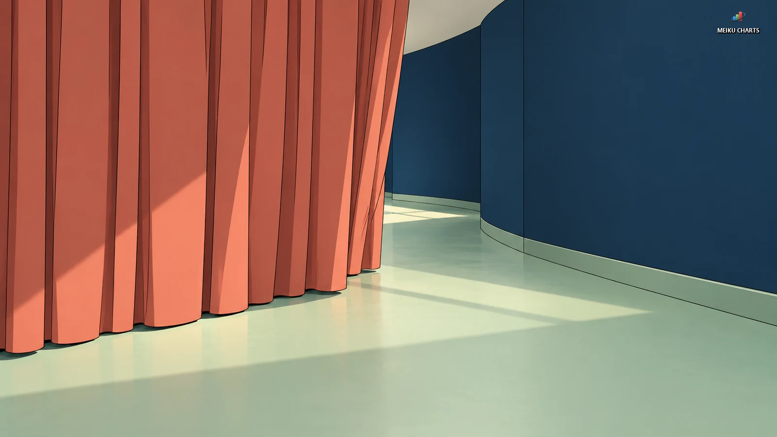 Metaphor for unconfirmed information: a level corridor continues out of sight behind a curtain