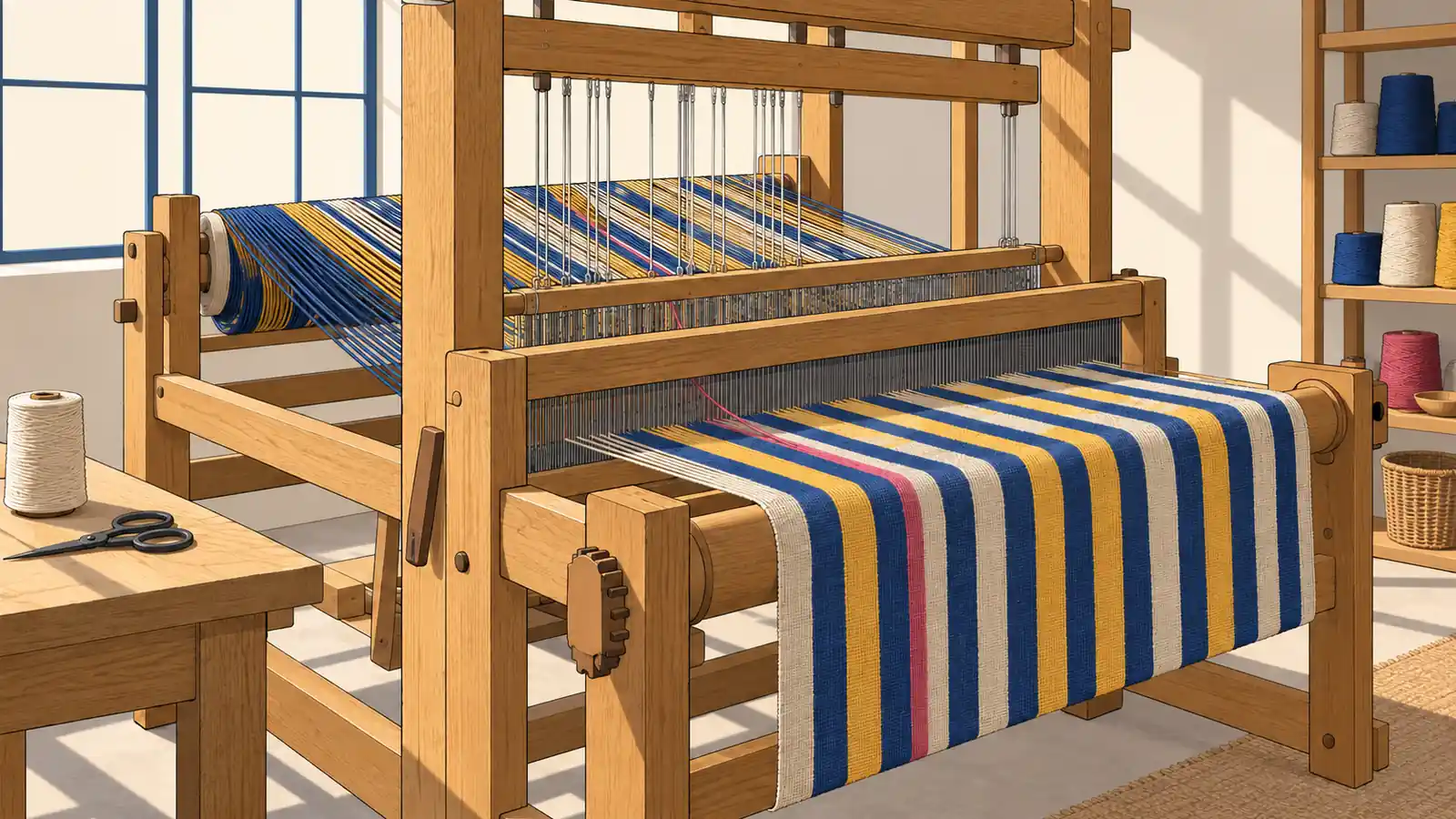 A weaving loom with one wrong-colored warp thread and the matching flaw in the finished cloth, a metaphor for chart errors that start in the data