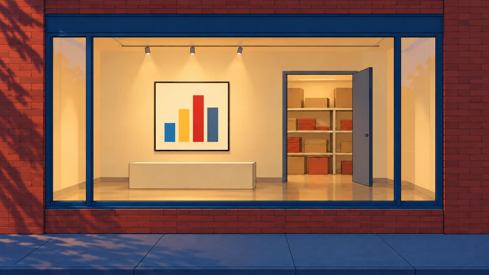 A shop window at dusk showing one framed picture while the lit storeroom behind it stands open to the street, a metaphor for published charts showing their data