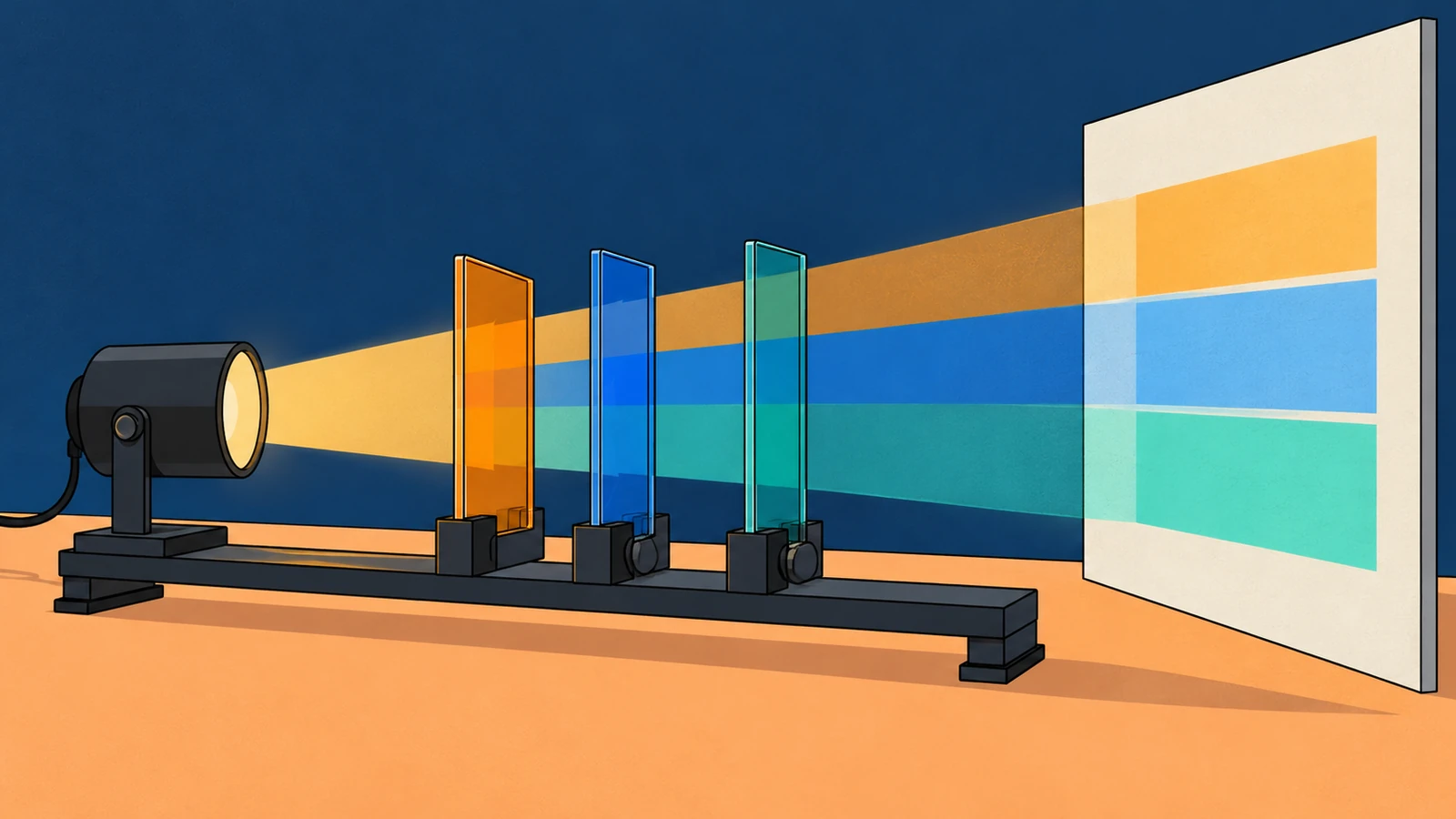 Colored glass arranged on an optical bench for projection