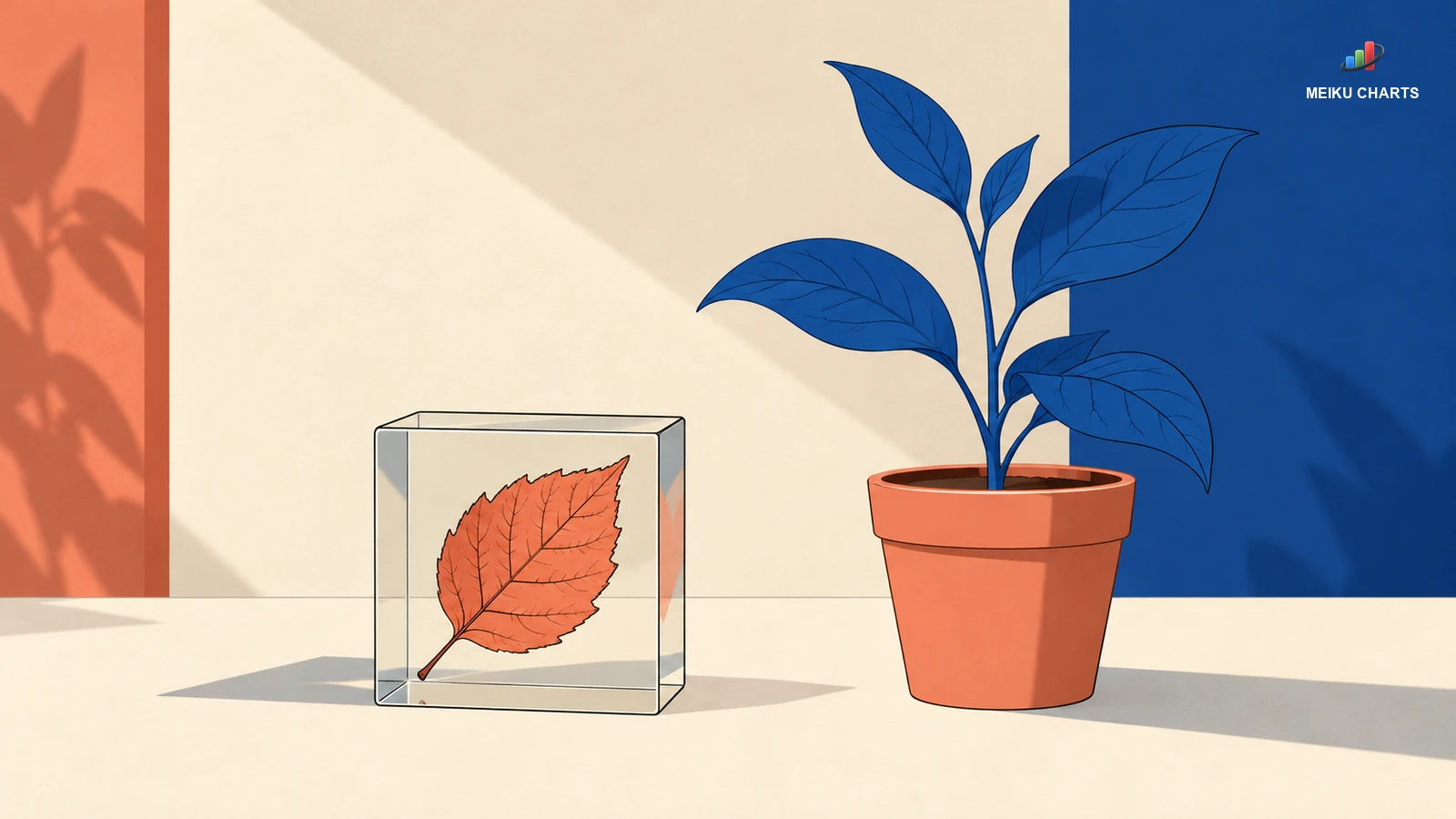 A leaf preserved in a clear resin block beside a living leafy stem