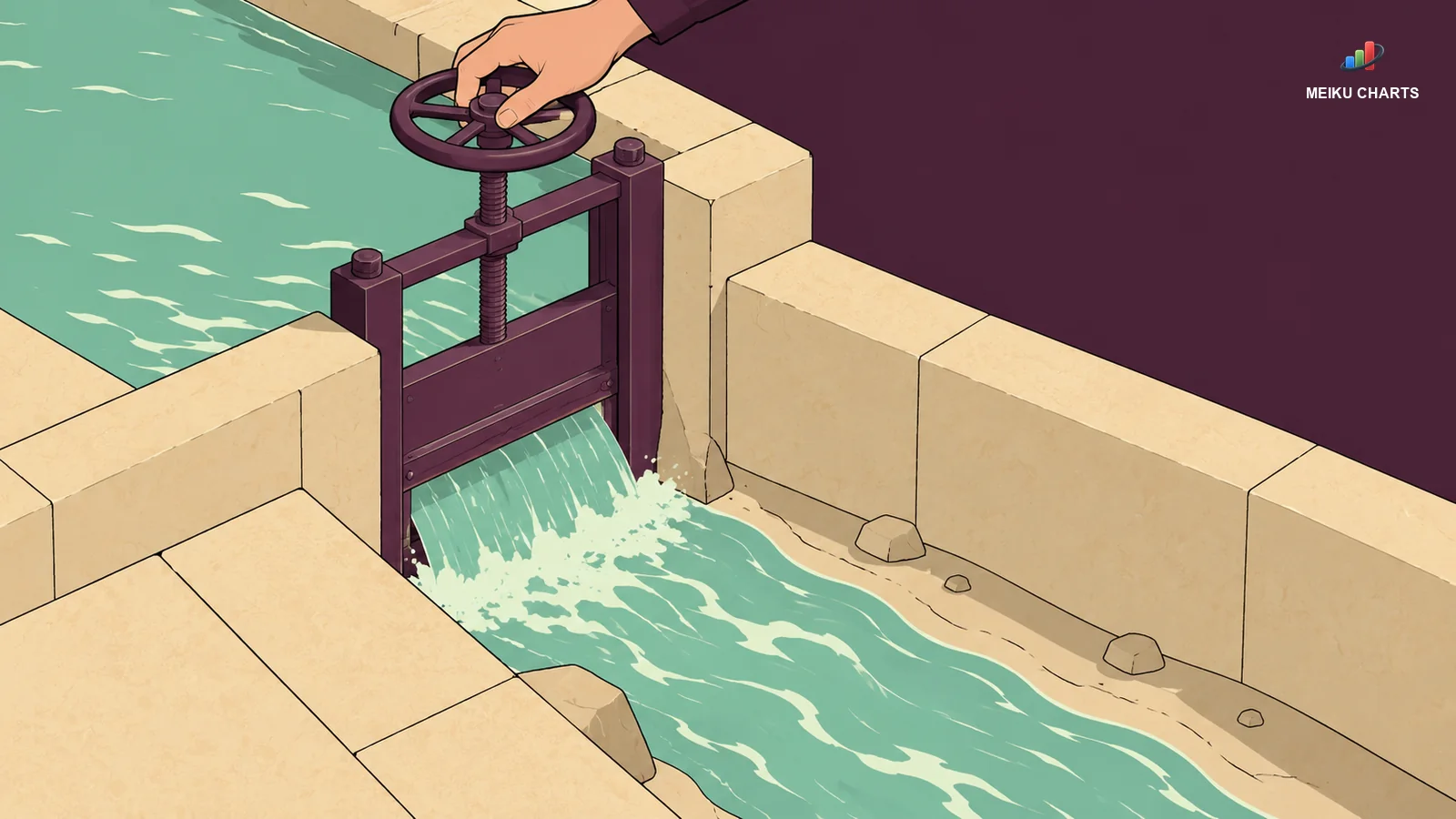 A hand opening a sluice to send water into a dry stone channel