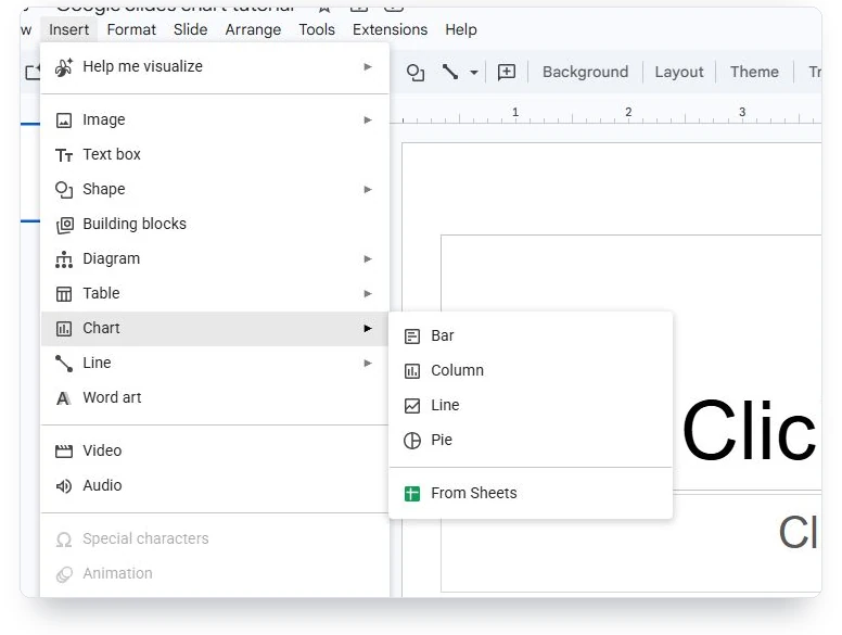 English Google Slides Insert menu with Bar, Column, Line, Pie and From Sheets