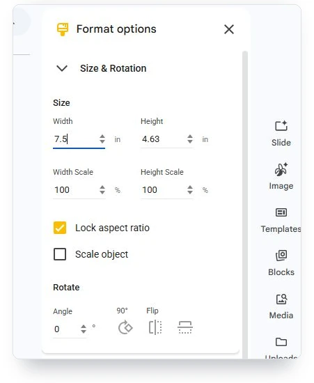 Format options Size and Rotation panel with Lock aspect ratio checked