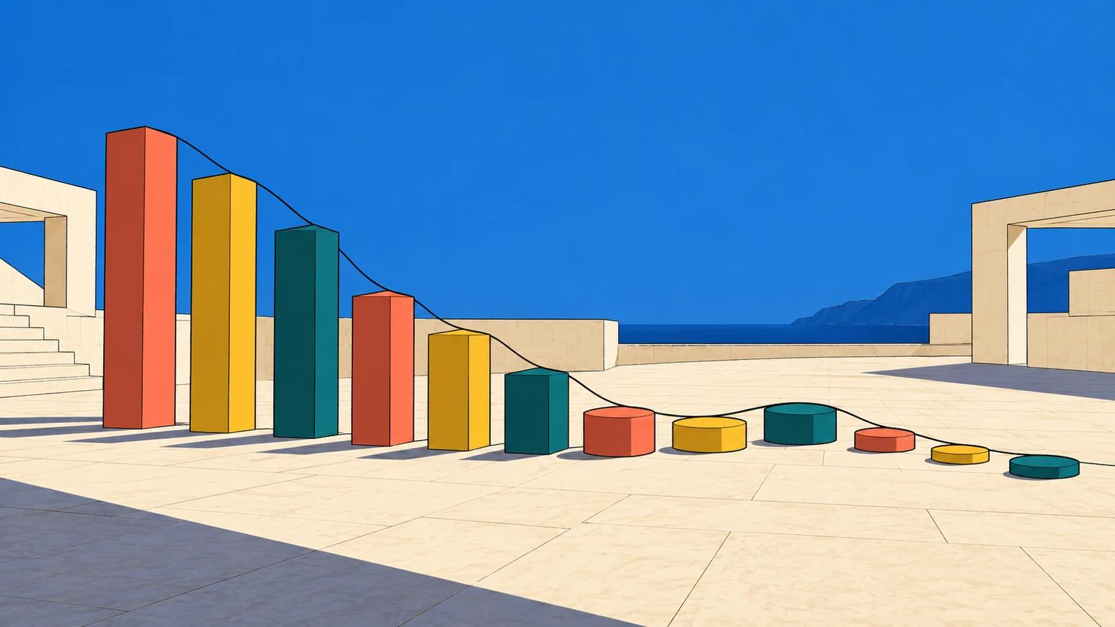 Coloured blocks turning into stepping stones along a path, a metaphor for an animated chart morphing from columns to a line