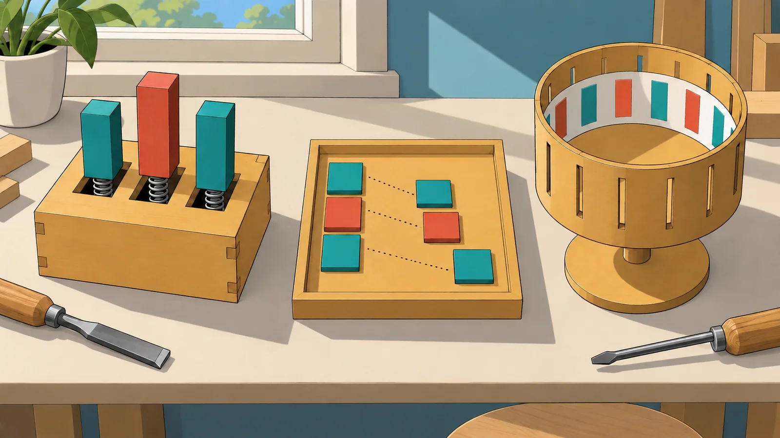 Workbench toys: a pop-up box of bars, sliding coloured tiles and a zoetrope drum, the three kinds of chart motion