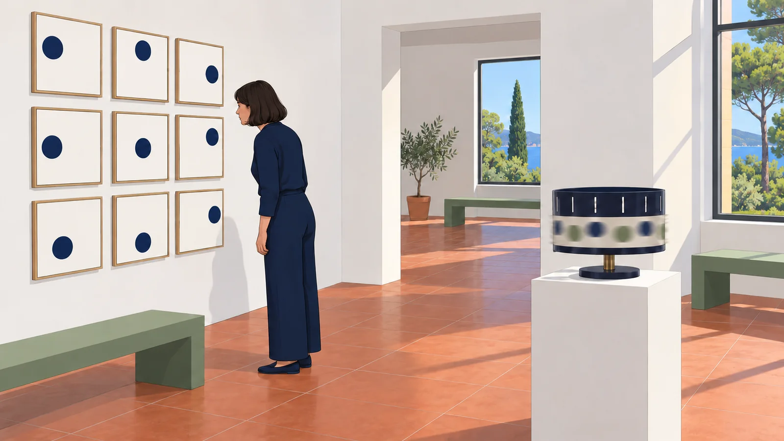 A visitor compares small framed drawings in a grid on a gallery wall while a spinning zoetrope blurs on a plinth