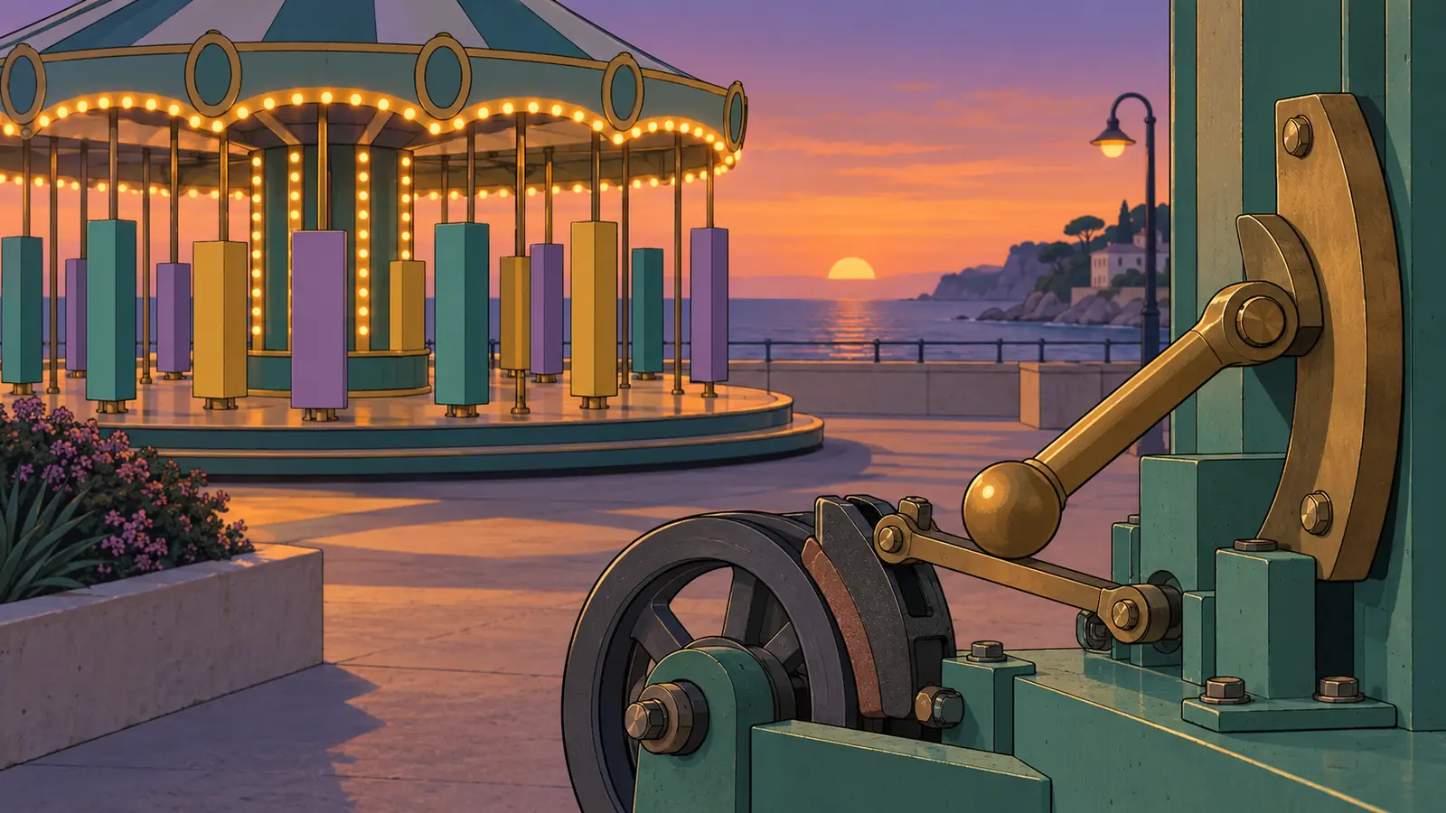 A brass lever pulled to stop in front of a still carousel of coloured pillars at a seaside fairground at dusk