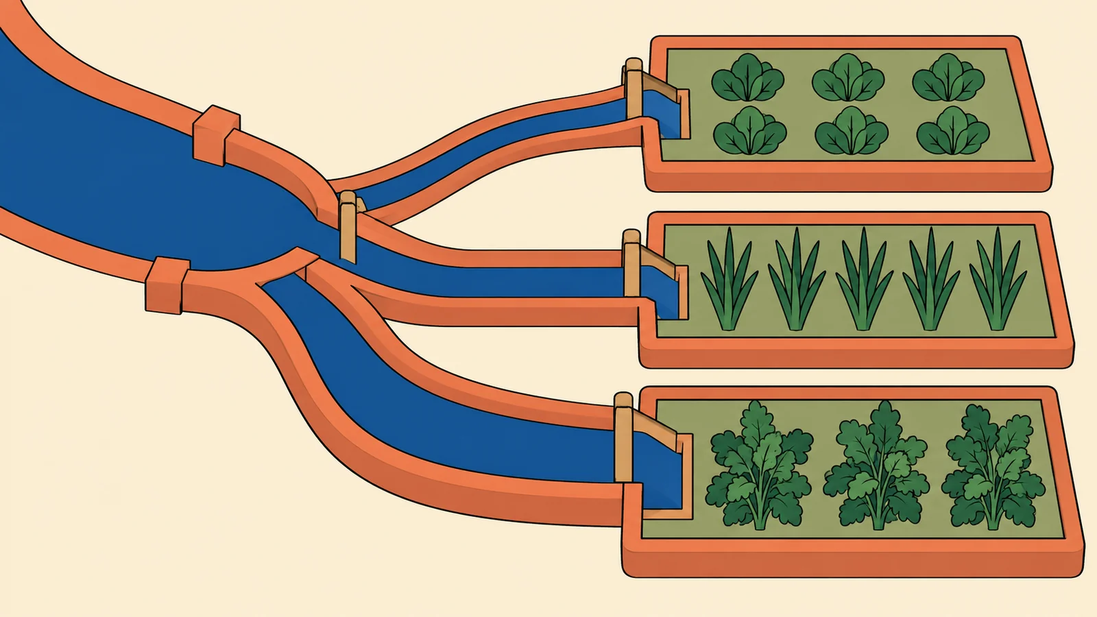 Water routed through branching irrigation channels to garden beds, a metaphor for measured flows in a Sankey diagram.